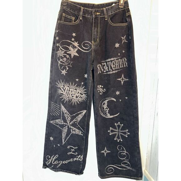 Harry Potter ROMWE Star & Moon Graphic Wide Leg Jeans size Large L 8 - 10 Y2K - Picture 8 of 10
